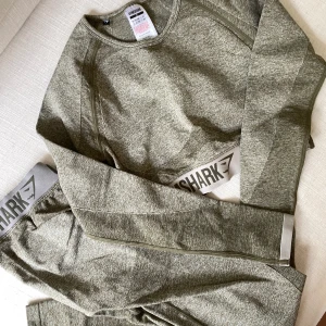 Gymshark set  - Träningsset från Gymshark i ljusgrön färg. Båda delarna är i strl. S. Tightsen har låg midja och toppen är croppad.  Använt fåtal gånger.  Pris för båda delar. Vid köp av en del skicka PM.