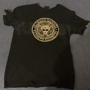 Säljer en svart t-shirt från Glorious Gangsta i storlek S. T-shirten har ett stort, guldigt lejontryck på framsidan med texten 'Glorious Gangsta' runt om. Den har också ett mönster i svart och guld på ärmarna och över bröstet. Perfekt för en cool och avslappnad stil!