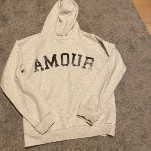 Grå gina tricot hoodie - Säljer en grå hoodie från ginatricot med texten amour på framsidan och en stjärna på baksidan, den är i fint skick men är lite noppig på insidan.