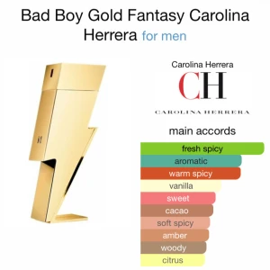 Bad Boy Gold Fantasy Carolina Herrera för män - Upptäck Bad Boy Gold Fantasy från Carolina Herrera, en djärv och elegant herrparfym. Flaskan har en unik blixtform i guld. Doften kombinerar fräscha och kryddiga noter med inslag av vanilj, kakao och träiga toner. Skriv innan köpet, har den hemma nästan oanvänd😊