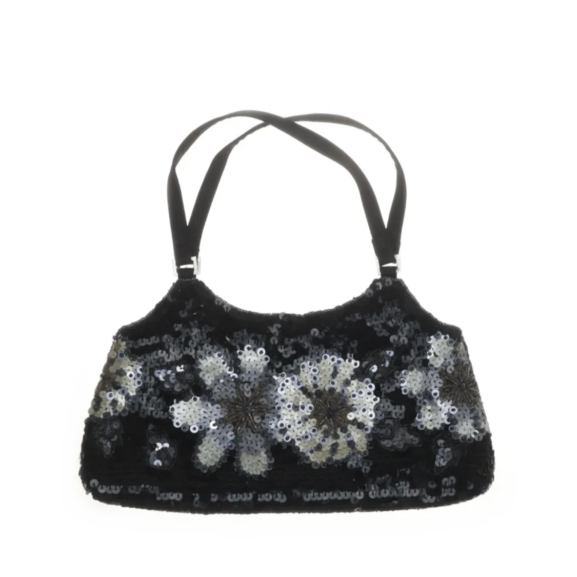 Svart axelväska med paljetter och blommönster