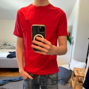 Röd t-shirt från Ralph Lauren - Röd t-shirt från Ralph Lauren med klassisk blå broderad logga på bröstet. Perfekt för en clean och stilren look. Storleken är i 14-16 men passar som en xs.