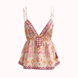 Mönstrad linnetopp med snörning - Supersöt linnetopp med smala axelband, v-ringning och snörningsdetalj framtill. Toppen har ett färgglatt mönster i rosa och orange på beige botten samt broderade kanter. Perfekt för varma dagar och sommarvibbar. Helt ny aldrig använt 😃