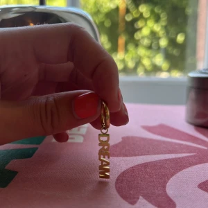 Guldig örhänge med DREAM-hänge - Coolt örhänge i guld-look med ett hängande texthänge där det står DREAM i blockbokstäver. Ringen är rund och enkel, medan hänget ger en personlig touch. Perfekt accessoar för dig som gillar statement-smycken