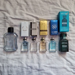 Mix av herrparfymer från NG och adidas - Säljer ett set med herrparfymer från NG och Masque Me Up. Inkluderar dofter som Dominatio, Homme, Golddigger, Wildmen och Ocean. Flaskorna är i glas med olika former och färger, från transparent till blå och guld. Perfekt för dig som vill testa olika dofter.