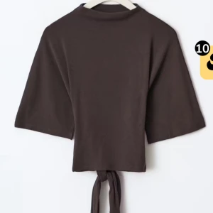 Brun topp med knytband - Säljer en brun topp med korta ärmar och breda knytband i midjan som kan knytas bak. Toppen har en rak passform och är tillverkad i ett mjukt material. Perfekt för att skapa en trendig look. Skriv om ni vill ha bilder hur den sitter på💕