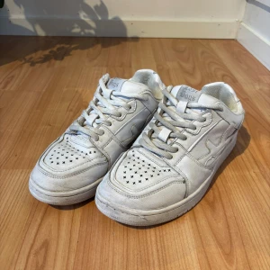 Lost boys skor - Säljer ett par vita sneakers med snörning och stjärnmönster på tån. Skorna har en platt sula och rund tå, samt diskreta detaljer på sidorna. Perfekta för dig som gillar en clean och stilren look. Nypris 1700kr