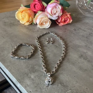 Silverfärgat smyckeset med stenar - Säljer ett snyggt set med halsband, armband och örhängen i silverfärg. Alla delar har glittriga stenar och ett elegant, detaljerat mönster. Halsbandet har en större hängande sten som blickfång. Perfekt för dig som gillar bling och vill sticka ut.