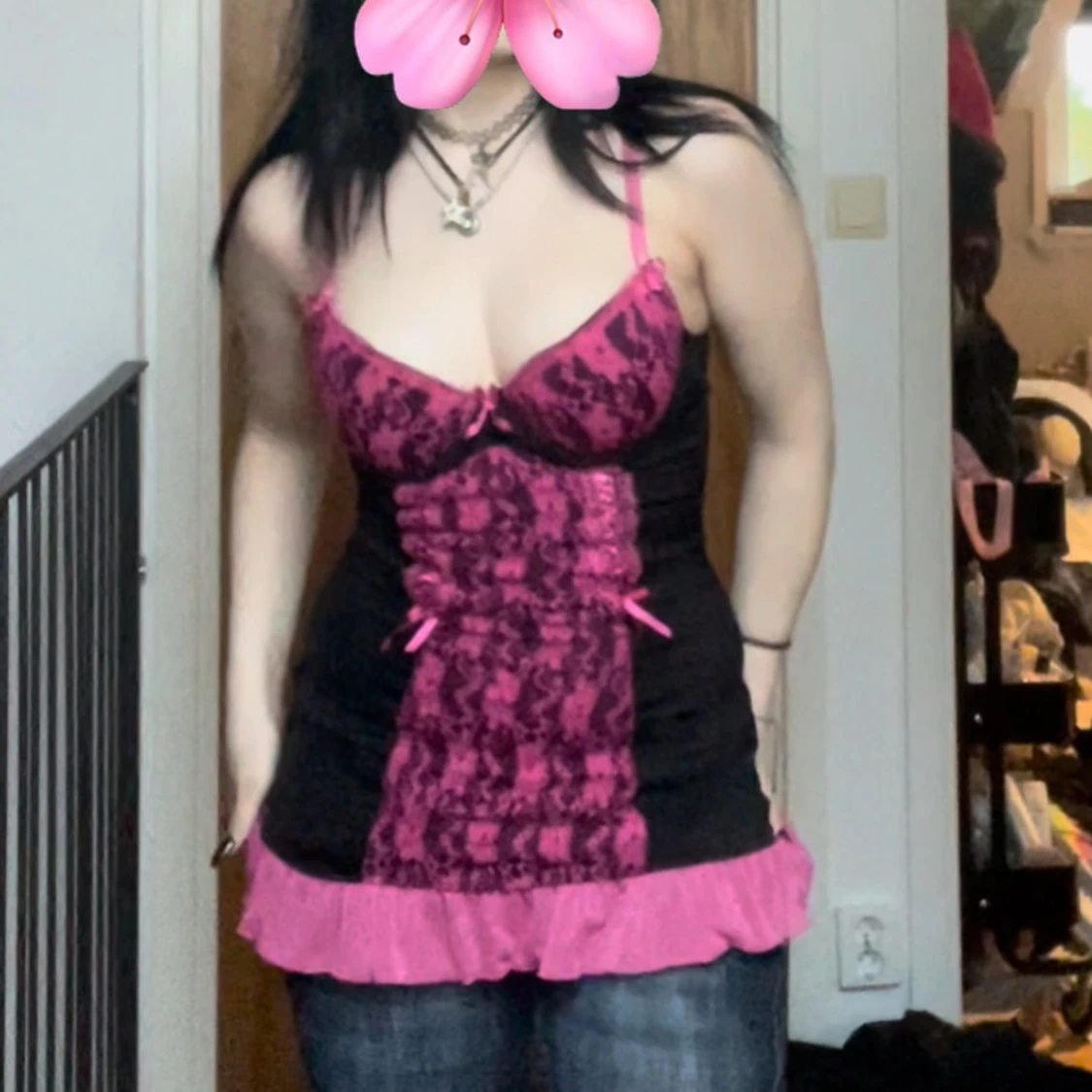 Rosa och svart y2k lingerie klänning - 2