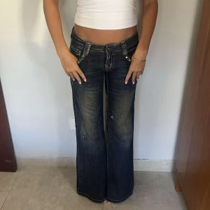 Lågmidjade bootcut jeans med broderi - Mörkblå jeans med låg midja och bootcut passform. Snygga broderade detaljer på bakfickorna, bland annat ett lejon och gröna blad. Jeansen har slitningar och dekorativa nitar vid fickorna. Perfekta för dig som gillar unik stil.