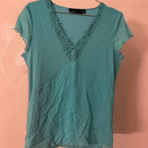 Turkos topp med spetsdetaljer - Säljer en söt turkos topp från KappAhl med v-ringning och spetsdetaljer längs halsringningen. Toppen har korta ärmar med volangkant och ett diskret mönster i tyget. Perfekt för en somrig look! 💙