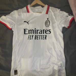 Vit AC Milan fotbollströja från Puma - Säljer en vit AC Milan fotbollströja från Puma med korta ärmar och svarta detaljer. Tröjan har klubbens emblem och sponsorlogga på framsidan. Perfekt för fans som vill visa sitt stöd.