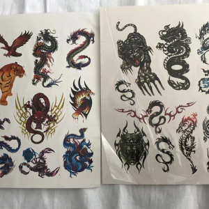 Samling av temporära tatueringar med drakar och dödskallar - En cool samling av temporära tatueringar med motiv som drakar, dödskallar, ormar och andra fantasifulla mönster. Perfekt för att uttrycka en edgy stil eller för speciella tillfällen. Innehåller både färgglada och svartvita designer.  50kr/2st/bild, sammafrakt 