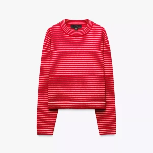 Röd och vit randig stickad tröja - Säljer en snygg röd stickad tröja från Zara med vita horisontella ränder. Tröjan har en klassisk rund hals och långa ärmar. 