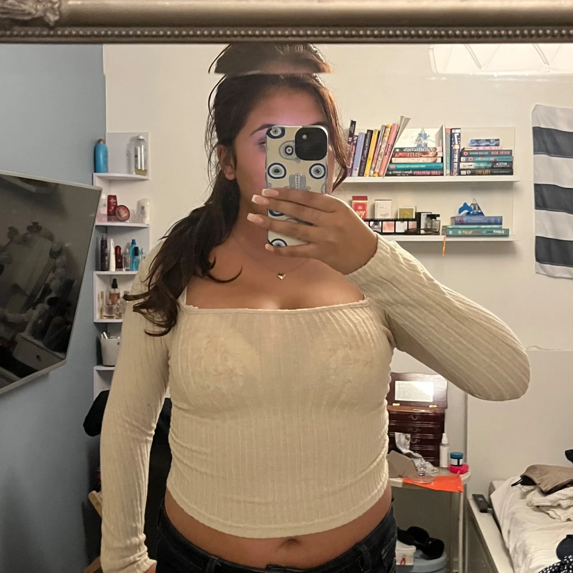 Beige ribbad offshoulder topp