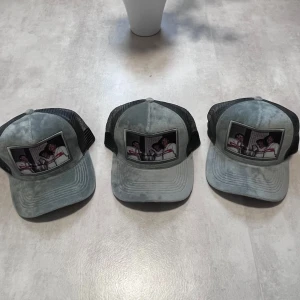 3 Gråa Velvet Kepsar - Velvet kepsar – 3 st Stilrena och bekväma kepsar i sammet med svart mesh och motiv framtill. (privat varumärke)   ✅ Skick: Bra ✅ Justerbar storlek 💸 Pris: 120 kr/st  eller alla 3 för 199 kr!    📩 Skicka DM vid intresse eller frågor!