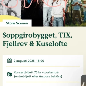 söker ståplats till Soppgirobygget, TIX, Fjellrev & Kuselofte konsert i lisseberg 2 augusti - Söker denna konsert, pris kan diskuteras