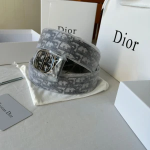 Dior bälte  - Snyggt Dior bälte med ikoniskt monogrammönster i svart och grått. Bältet har en bred design och en stor, rundad guldspänne med CD-logga. Tillverkat i textil med skinn på insidan, perfekt för att lyfta vilken outfit som helst.