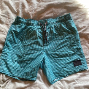 Randiga turkosa badshorts från Speedo - Turkosa badshorts från Speedo med vita smala ränder och coolt snörningsband i svart, vitt och rött. Shortsen har elastisk midja och är gjorda i återvunnen polyester med meshfoder. Perfekta för stranden eller poolen i sommar!