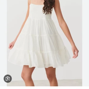 Vit sommarklänning med smala axelband - Söt vit klänning med smala axelband och volangdetaljer. Perfekt för varma sommardagar med sin luftiga design och korta längd. Den har en smockad överdel som ger en bekväm passform. Från Gina endast andvänd en gång