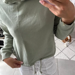 Grön hoodie från Gina Tricot XXS - Snygg ljusgrön hoodie från Gina Tricot i storlek XXS. Tröjan har broderad text 'LIMITED' framtill, huva och snörning i nederkant. Mjuk bomullskänsla och ribbade muddar vid ärmarna. Perfekt för chill dagar och enkel att matcha med jeans eller mjukis.