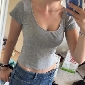 Grå ribbad topp från Brandy Melville  - Säljer grå topp från Brandy Melville med ribbat strechigt tyg och rundad djup halsringning. Modellen är slim och har korta ärmar. Skriv om ni har frågor 💕