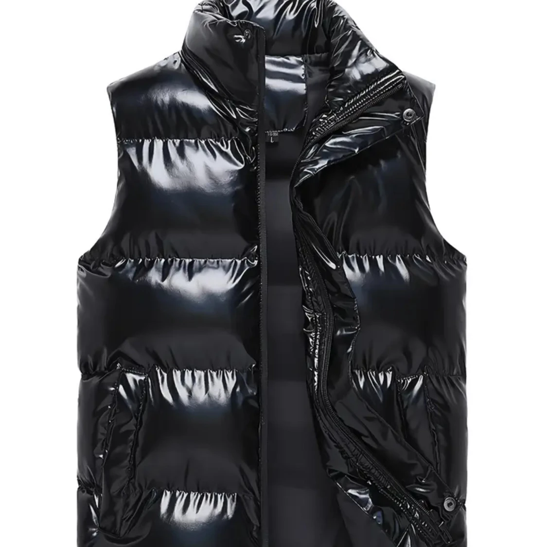 Svart glansig dunväst med hög krage