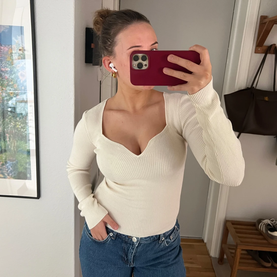 Ribbad vit långärmad topp från H&M