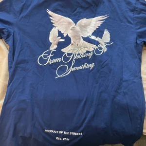 Blå t-shirt med tryck från Hoodrich - Säljer en blå t-shirt från Hoodrich med vitt tryck framtill. Motivet består av två vita duvor och texten 'HOODRICH' . Perfekt för dig som gillar streetwear.Nypris 1100 oanvänd 