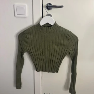 Olivgrön ribbad croppad tröja från FB Sister - Säljer en olivgrön ribbad croppad tröja från FB Sister i storlek XS. Tröjan har lång ärm och hög hals, perfekt för lager-på-lager. Snygg och enkel att matcha med olika outfits.