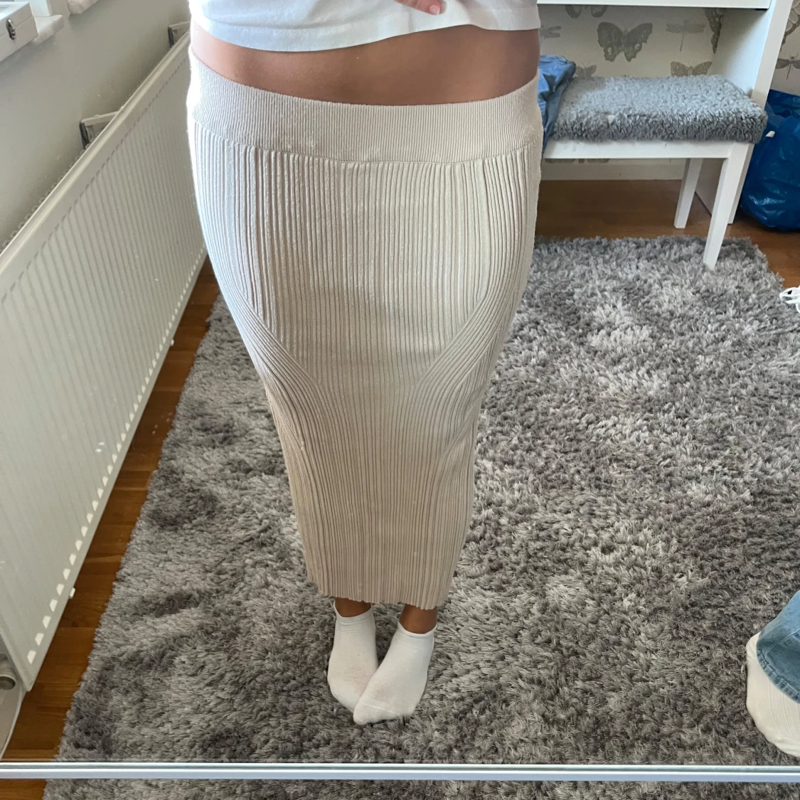Beige ribbad långkjol - 1