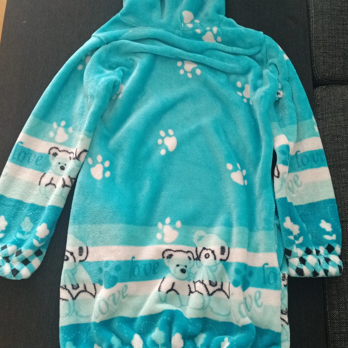 Turkos fleece oodie med nallemönster - 2