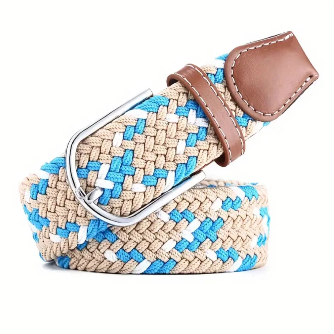 Flätat bälte med blå och beige mönster