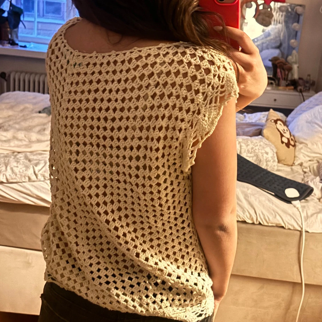 Beige virkad blus med knyt - 2