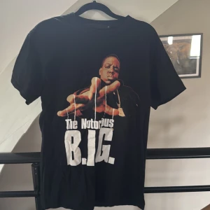 Svart Notorious B.I.G. t-shirt Menace - Svart t-shirt från Menace med stor Notorious B.I.G.-print framtill. Klassisk passform med rund hals och korta ärmar. Trycket är i vitt och beige med coolt motiv och text. Gjord i mjuk bomull, perfekt för dig som gillar streetwear och hiphop-vibe.