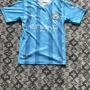 Manchester City Haaland tröja Puma  - Manchester City matchtröja från Puma i ljusblått med mörkblå ränder och vita detaljer. Framsidan har klubbmärke och Etihad Airways-logga, baksidan har HAALAND och nummer 9. Tillverkad i lätt och ventilerande material, perfekt för fotbollsträning eller match.