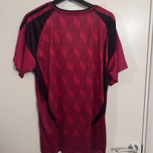 Beligien landslag tröja - Snygg vinröd fotbollströja från Adidas med ett mönster av geometriska former och ett emblem på bröstet. Tröjan har korta ärmar och svarta detaljer på axlarna. Perfekt för fotbollsfans som vill ha något unikt!