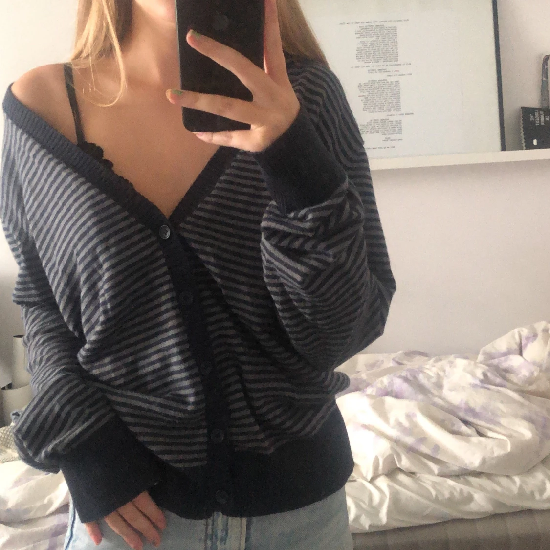 Grå/blå randig kofta - 90