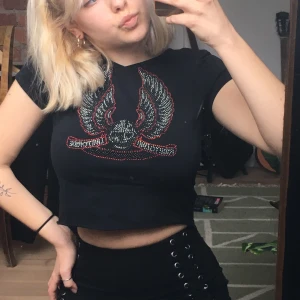Croptop - Sviiinajs croppad t-shirt med motiv på både fram och baksida, ett stenat och ett tryck.🖤 Går att ha åt båda håll! Fint skick och alla stenar sitter kvar. Hör av dig fler bilder och fraktinfo ✌🏼☺️💘 