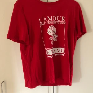 T shirt med tryck - En söt röd t-shirt med ett vitt tryck på. Använd endast en gång. Storlek L men passar både mindre o större storlekar. Köparen står för frakten.
