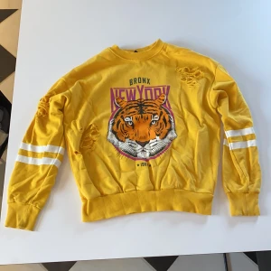 Tröja - Denna fina gula tröja med hål/slitningar på sig. Använd nån gång bara så den är i ett väldigt bra skick. KÖPAREN STÅR FÖR FRAKTEN.