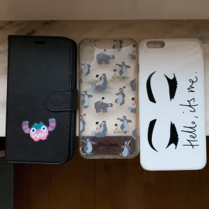 Mobilskal  - Plånboksskalet har ett magnetiskt skal innuti som går att ta av och är i superfijt skick. De andra är lite slitna med några få repor men i öveigt fint skick. Två passar iPhone X/Xs och de med ögonen är till iPhone 6plus. Pris 20kr + frakt🌶
