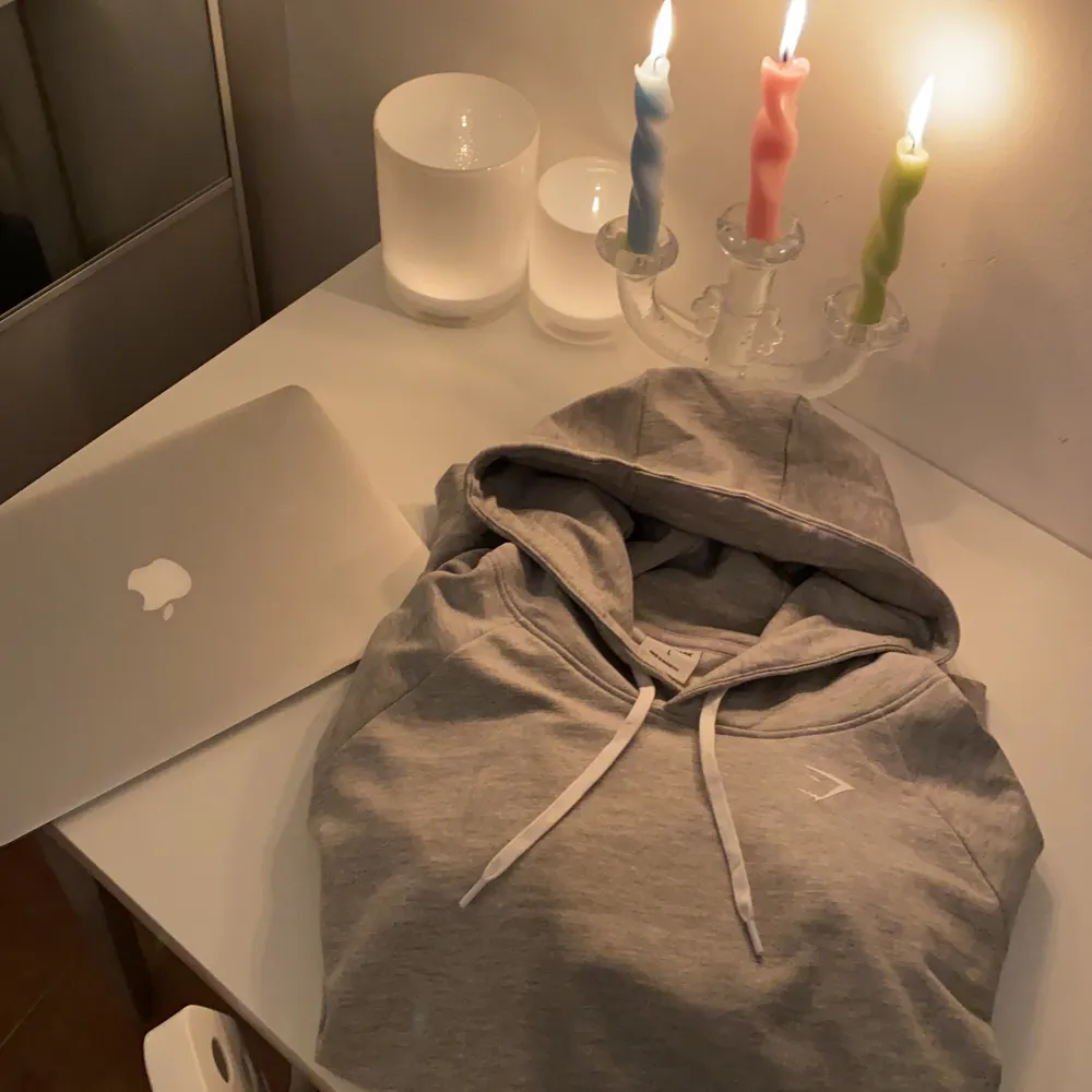 En supersnygg grå gymshark hoodie! Helt ny aldrig använd (förutom till bilden här). Storlek L men passar M oxå! Säljes för att den ej kommer till användning! 400kr + 72kr frakt✨. Hoodies.