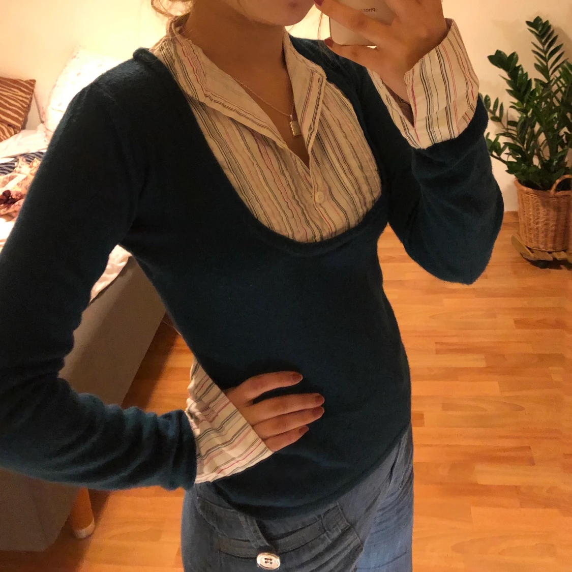 Stickad tröja med inbyggd skjorta - 90