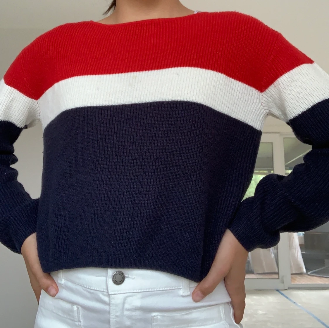 Red blue and white jumper