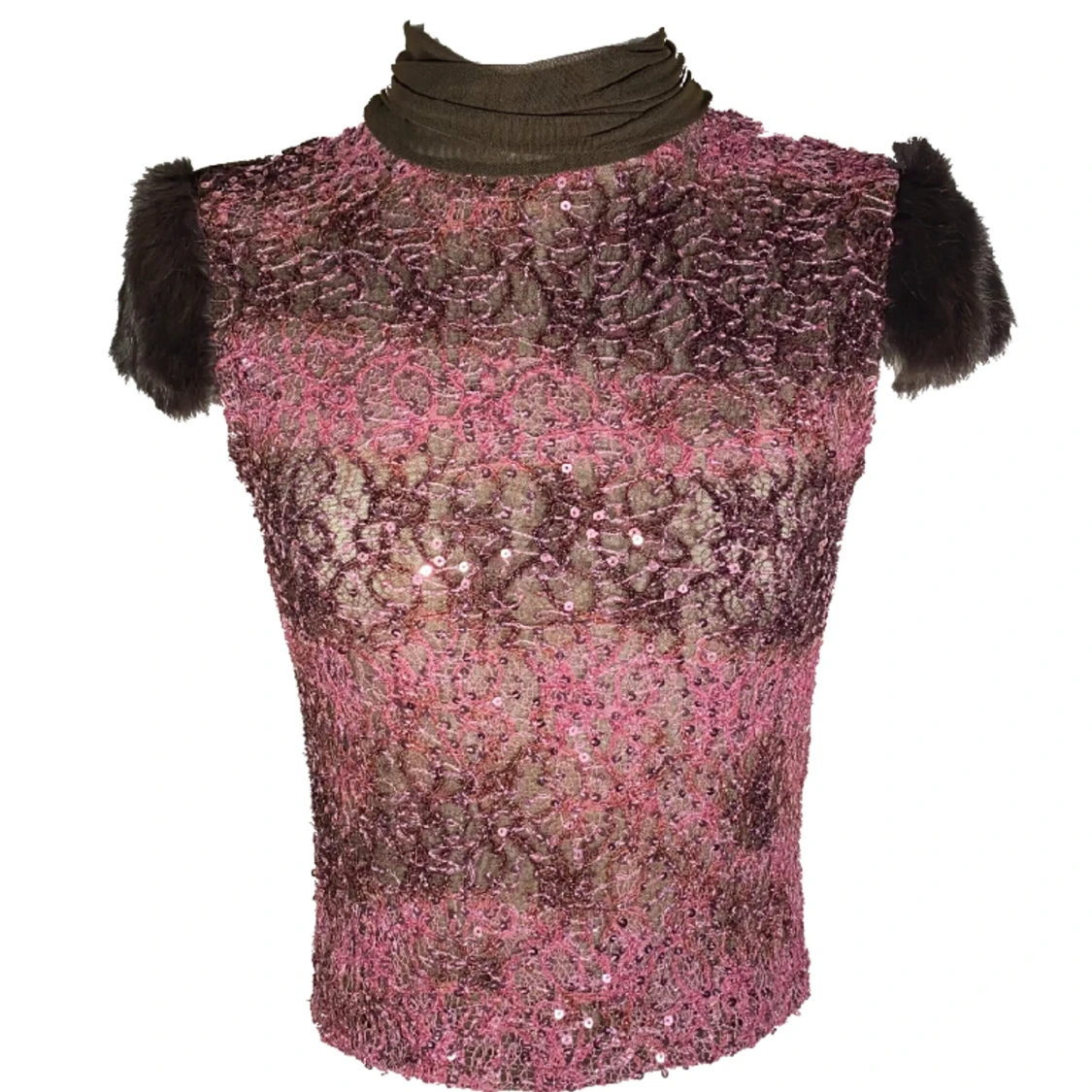 Unik vintage mesh glitter topp med fejk päls - 90
