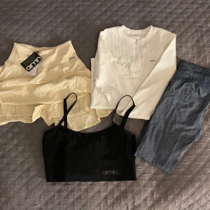 Gymkläder - Säljer ett gäng Gymkläder från Aimn! En tennis/tränings kjol HELT NY i stl XS, en långärmad topp (vit) i stl S, och ett par thights i M (finns redan ute i en annons, kolla för fler bilder)😇 SPORT-BH SÅLD‼️