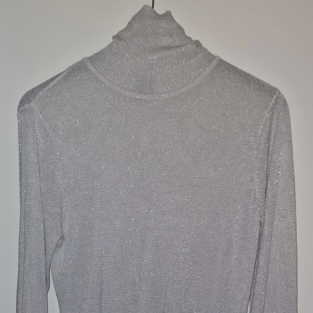 Hej!  Jag säljer en höghalsad glittrig tröja från River Island. Använts ett fåtal gånger.   Material: polyester och viskos. Storlek: medium. Bredd: 41 cm. Längd: 72 cm.  Med vänlig hälsning, Lucas. Tröjor & Koftor.