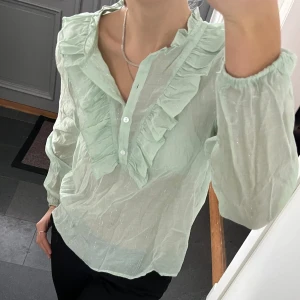 Grön glittrig volangblus  - Grön blus från Continue i nyskick med lappen kvar. Storlek M. Använd gärna köp nu!