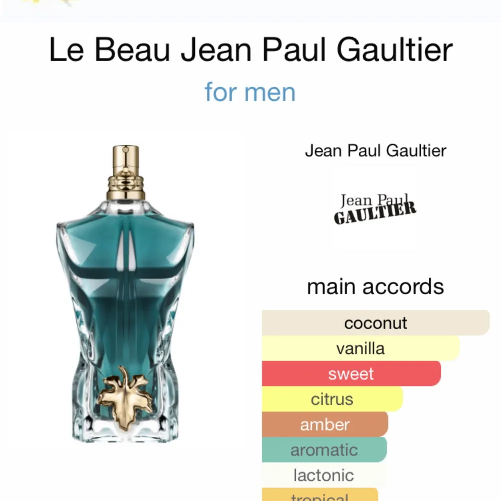 5 ML sample av Jean Paul Le Beau. Le Beau är en sommarparfym som har dofter av kokosnöt, vanlij och citrus. Le Beau är även en söt parfym och är perfekt att ha på en varm sommardag!. Övrigt.